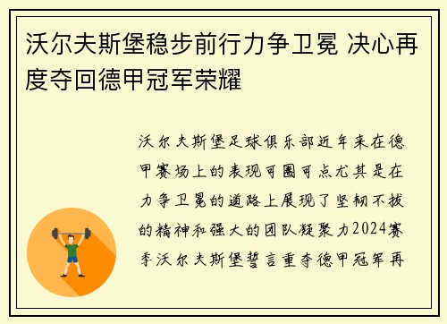 沃尔夫斯堡稳步前行力争卫冕 决心再度夺回德甲冠军荣耀