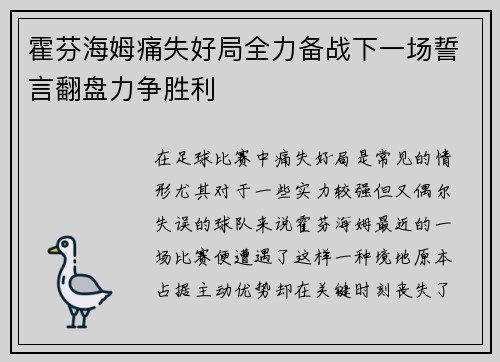 霍芬海姆痛失好局全力备战下一场誓言翻盘力争胜利