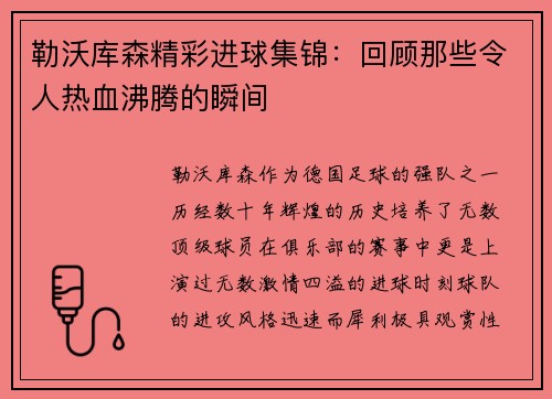 勒沃库森精彩进球集锦:回顾那些令人热血沸腾的瞬间