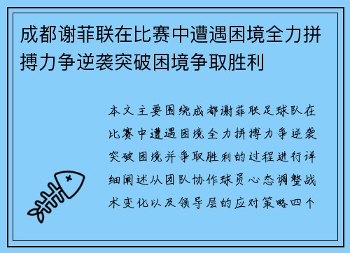 成都谢菲联在比赛中遭遇困境全力拼搏力争逆袭突破困境争取胜利