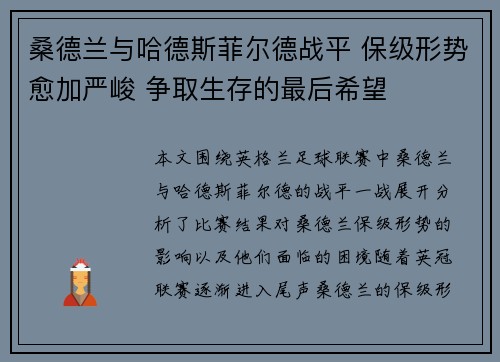 桑德兰与哈德斯菲尔德战平 保级形势愈加严峻 争取生存的最后希望