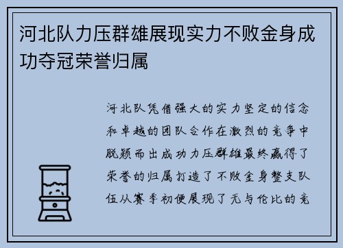 河北队力压群雄展现实力不败金身成功夺冠荣誉归属