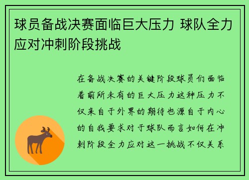 球员备战决赛面临巨大压力 球队全力应对冲刺阶段挑战